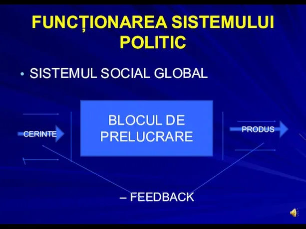 FUNCȚIONAREA SISTEMULUI POLITIC CERINTE PRODUS FEEDBACK BLOCUL DE PRELUCRARE SISTEMUL SOCIAL GLOBAL