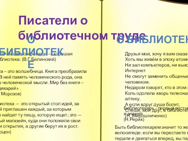 Писатели о библиотечном труде Величайшее сокровище — хорошая библиотека. (В.Г.Белинский)