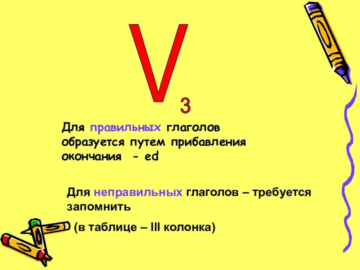 V 3 Для неправильных глаголов – требуется запомнить (в таблице