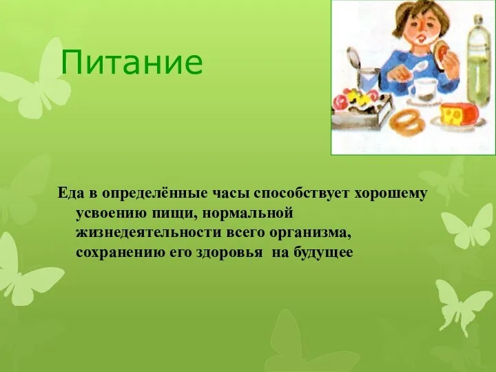 Питание Еда в определённые часы способствует хорошему усвоению пищи, нормальной