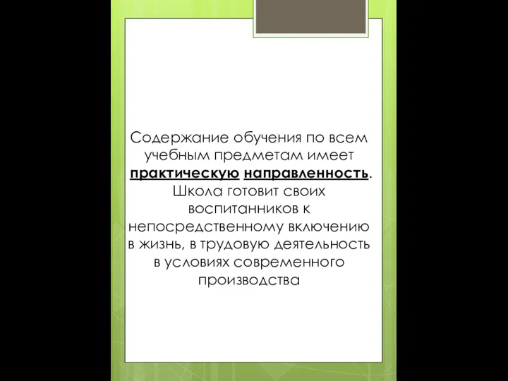 Содержание обучения по всем учебным предметам имеет прак­тическую направленность. Школа