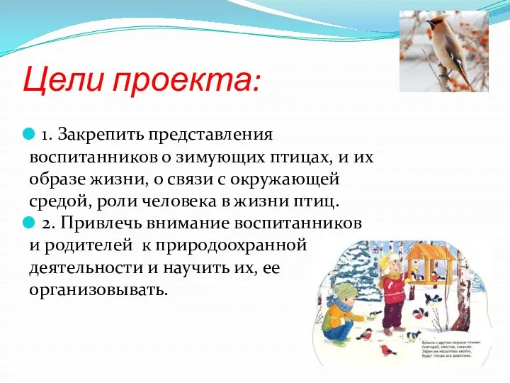 Цели проекта: 1. Закрепить представления воспитанников о зимующих птицах, и их образе жизни,