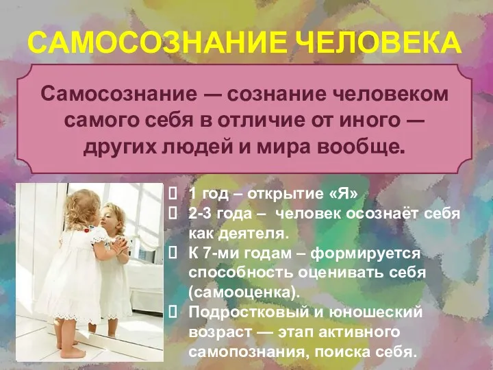 САМОСОЗНАНИЕ ЧЕЛОВЕКА 1 год – открытие «Я» 2-3 года –