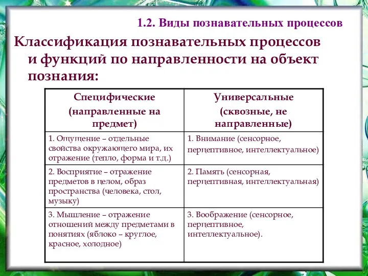 Классификация познавательных процессов и функций по направленности на объект познания: 1.2. Виды познавательных процессов