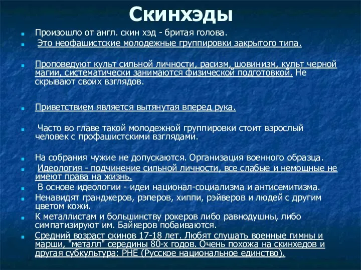 Скинхэды Произошло от англ. скин хэд - бритая голова. Это