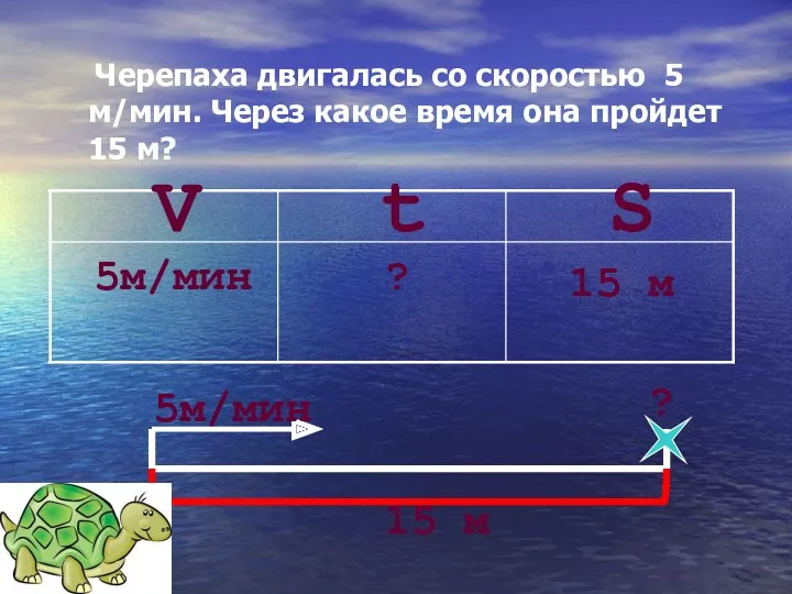 Черепаха двигалась со скоростью 5 м/мин. Через какое время она пройдет 15 м?