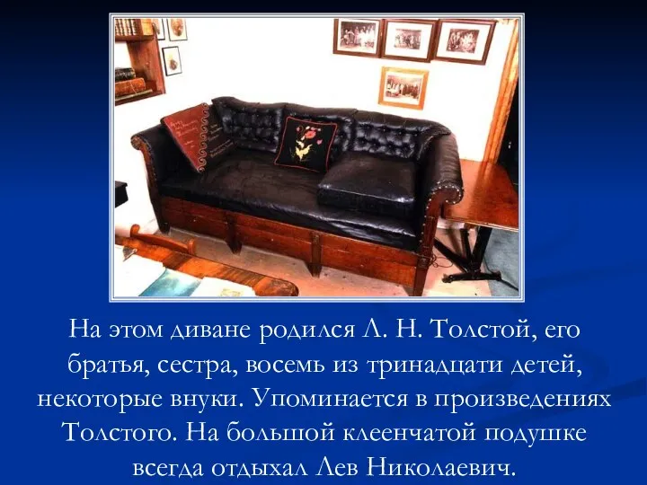 На этом диване родился Л. Н. Толстой, его братья, сестра, восемь из тринадцати