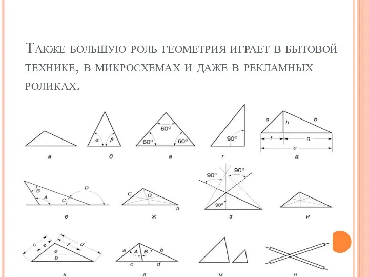 Также большую роль геометрия играет в бытовой технике, в микросхемах и даже в рекламных роликах.