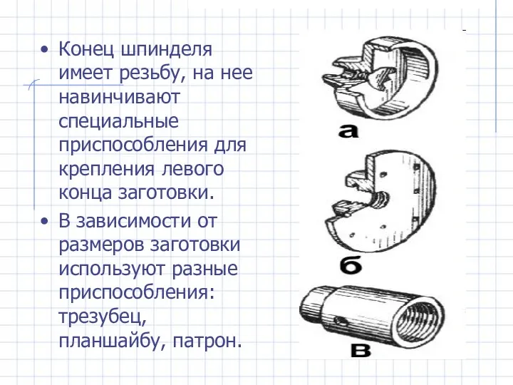 Конец шпинделя имеет резьбу, на нее навинчивают специальные приспособления для