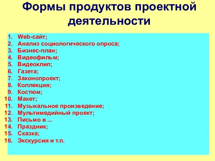 Формы продуктов проектной деятельности Web-сайт; Анализ социологического опроса; Бизнес-план; Видеофильм;