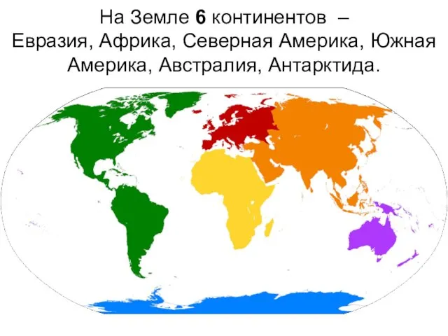 На Земле 6 континентов – Евразия, Африка, Северная Америка, Южная Америка, Австралия, Антарктида.