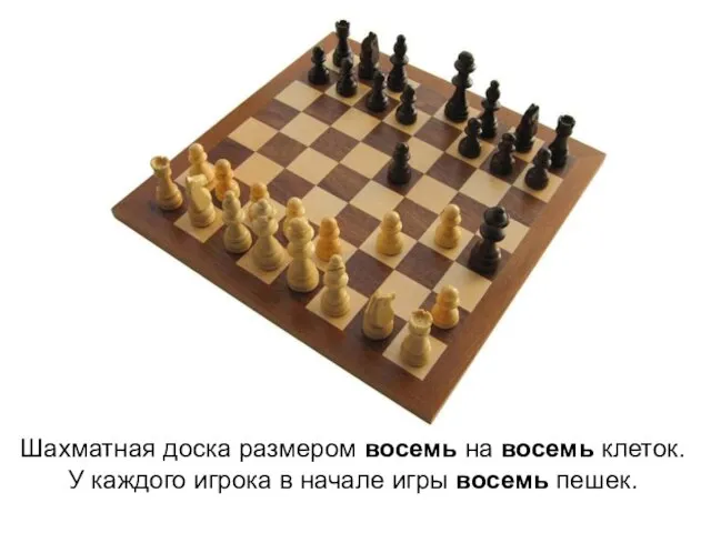 Шахматная доска размером восемь на восемь клеток. У каждого игрока в начале игры восемь пешек.