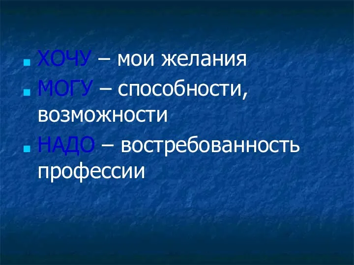 ХОЧУ – мои желания МОГУ – способности, возможности НАДО – востребованность профессии