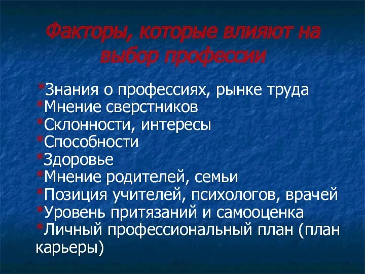 Факторы, которые влияют на выбор профессии *Знания о профессиях, рынке