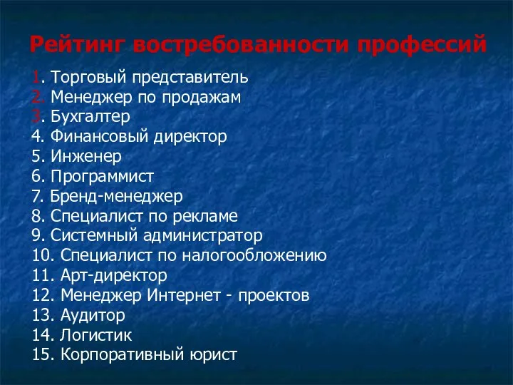 Рейтинг востребованности профессий 1. Торговый представитель 2. Менеджер по продажам