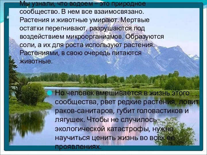 Мы узнали, что водоем – это природное сообщество. В нем