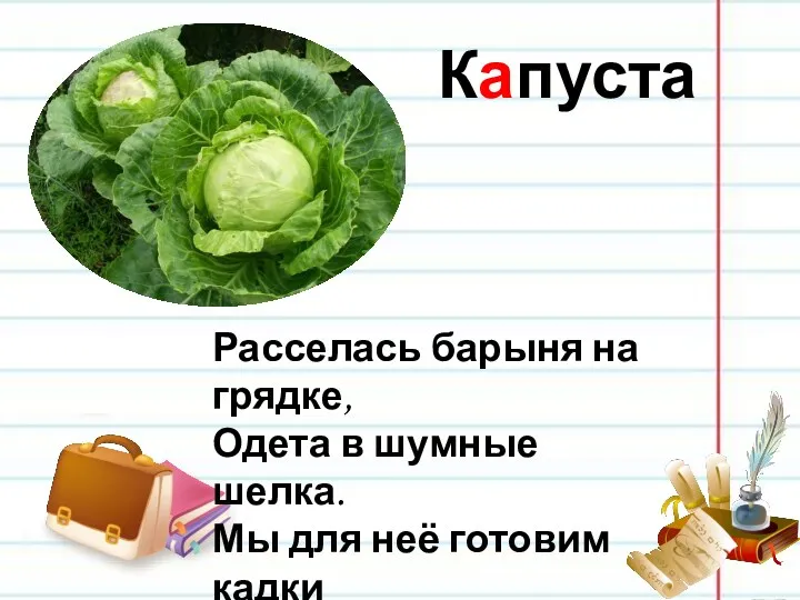 Капуста Расселась барыня на грядке, Одета в шумные шелка. Мы