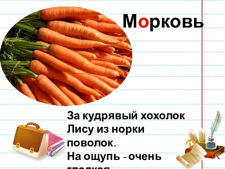 Морковь За кудрявый хохолок Лису из норки поволок. На ощупь