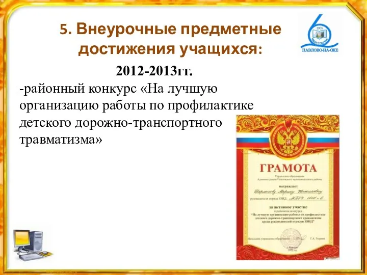 5. Внеурочные предметные достижения учащихся: 2012-2013гг. -районный конкурс «На лучшую