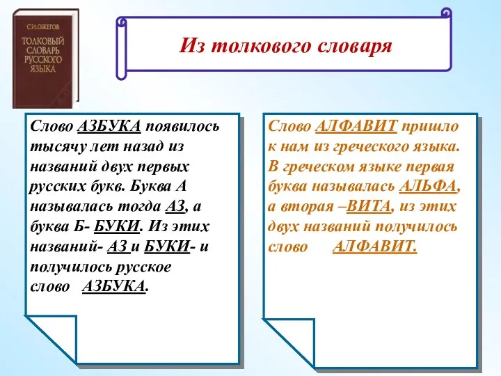 Слово АЗБУКА появилось тысячу лет назад из названий двух первых