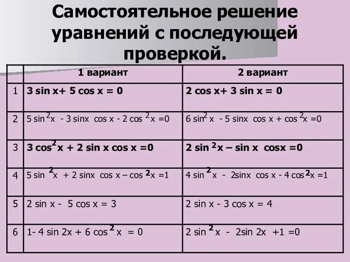 Самостоятельное решение уравнений с последующей проверкой. 2 2 2 2