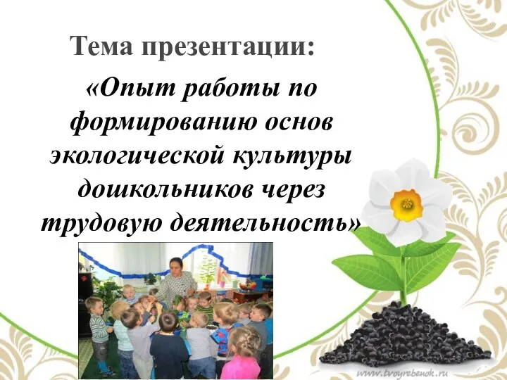 Тема презентации: «Опыт работы по формированию основ экологической культуры дошкольников через трудовую деятельность»
