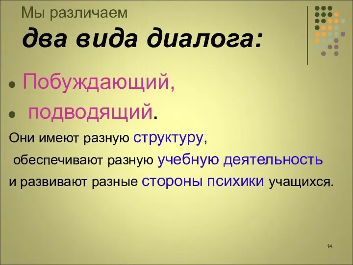 Мы различаем два вида диалога: Побуждающий, подводящий. Они имеют разную