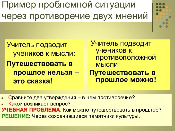 Пример проблемной ситуации через противоречие двух мнений Учитель подводит учеников