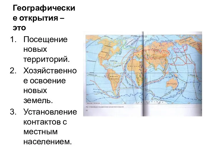 Географические открытия – это Посещение новых территорий. Хозяйственное освоение новых земель. Установление контактов с местным населением.