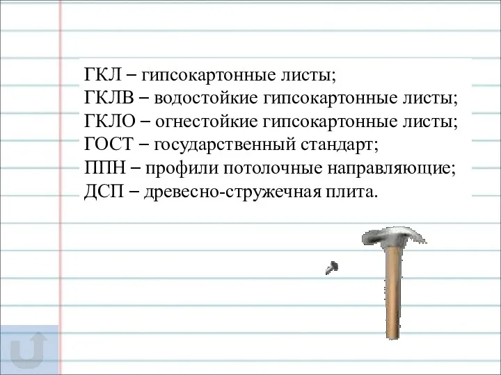 ГКЛ – гипсокартонные листы; ГКЛВ – водостойкие гипсокартонные листы; ГКЛО