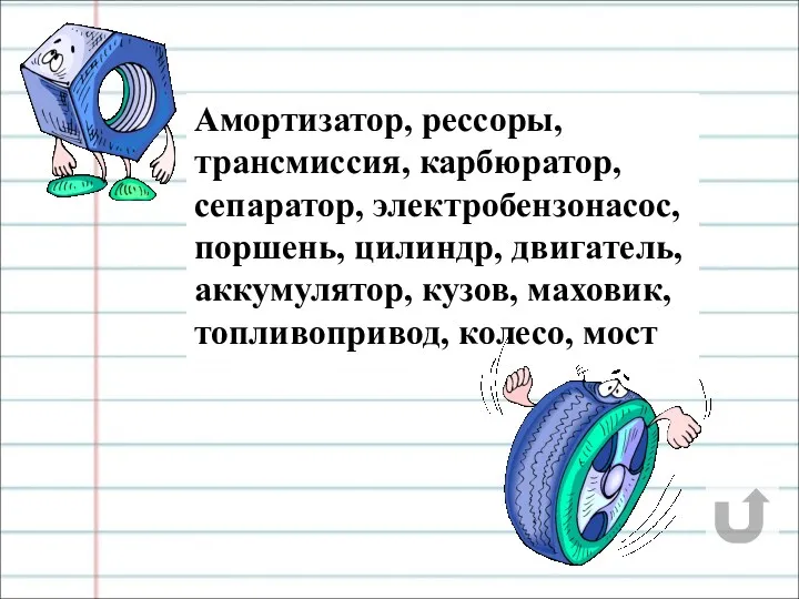 Амортизатор, рессоры, трансмиссия, карбюратор, сепаратор, электробензонасос, поршень, цилиндр, двигатель, аккумулятор, кузов, маховик, топливопривод, колесо, мост