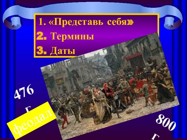 1. «Представь себя» 2. Термины 3. Даты 476 г. 800 г. феодал