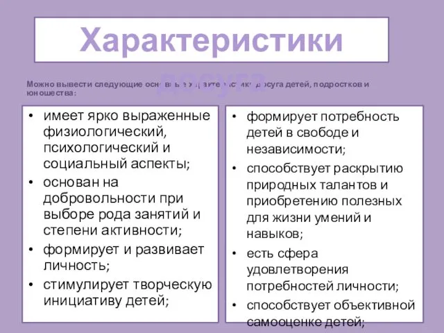 Можно вывести следующие основные характеристики досуга детей, подростков и юношества: имеет ярко выраженные