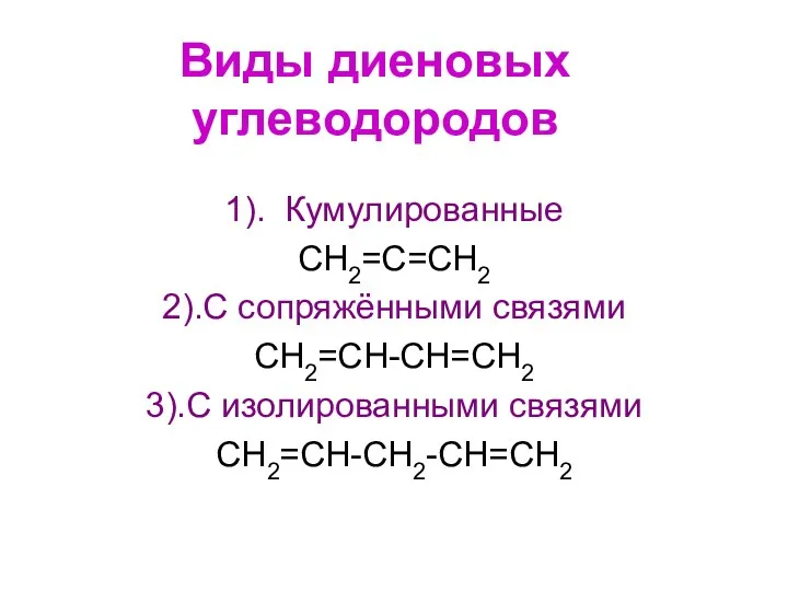 Виды диеновых углеводородов 1). Кумулированные CH2=C=CH2 2).С сопряжёнными связями CH2=CH-CН=CH2 3).С изолированными связями CH2=CH-CH2-CH=CH2