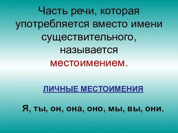 Часть речи, которая употребляется вместо имени существительного, называется местоимением. ЛИЧНЫЕ