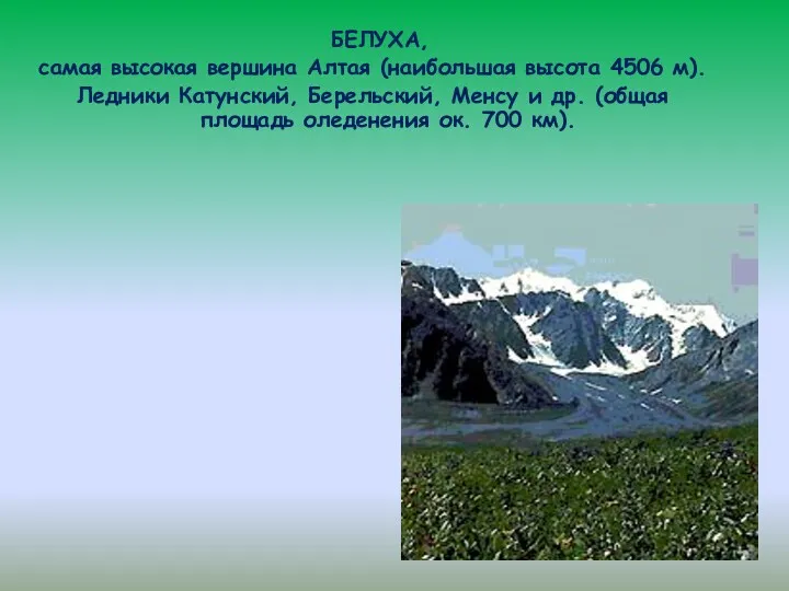 БЕЛУХА, самая высокая вершина Алтая (наибольшая высота 4506 м). Ледники