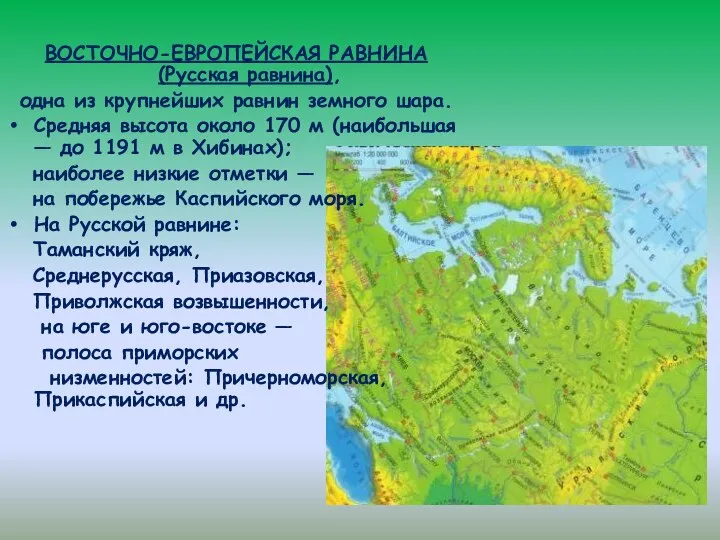 ВОСТОЧНО-ЕВРОПЕЙСКАЯ РАВНИНА (Русская равнина), одна из крупнейших равнин земного шара. Средняя высота около
