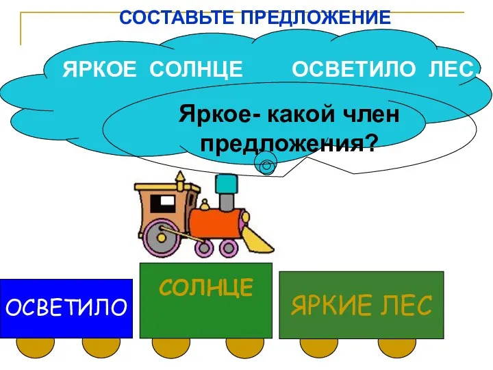 ОСВЕТИЛО ЯРКОЕ СОЛНЦЕ ОСВЕТИЛО ЛЕС. Яркое- какой член предложения? СОСТАВЬТЕ ПРЕДЛОЖЕНИЕ