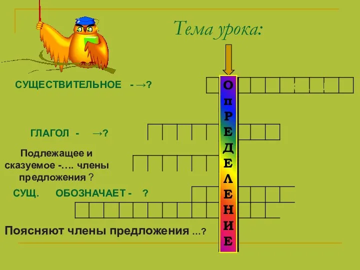 Тема урока: СУЩЕСТВИТЕЛЬНОЕ - →? Что ищем дополнение ? ГЛАГОЛ