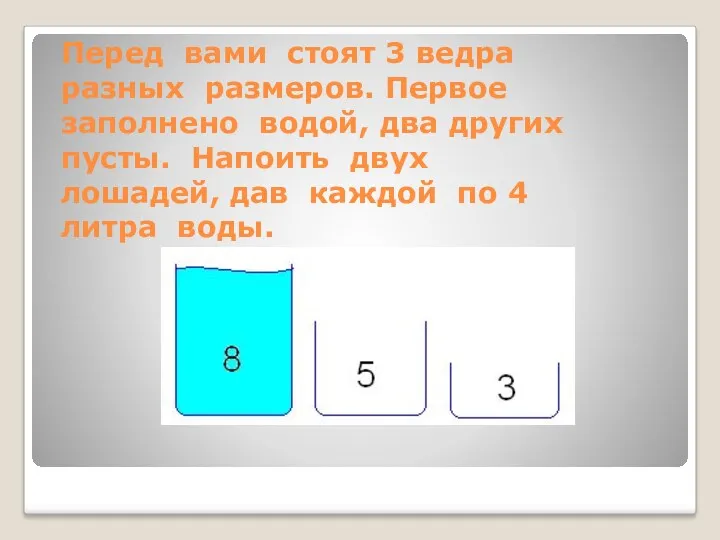 Перед вами стоят 3 ведра разных размеров. Первое заполнено водой,