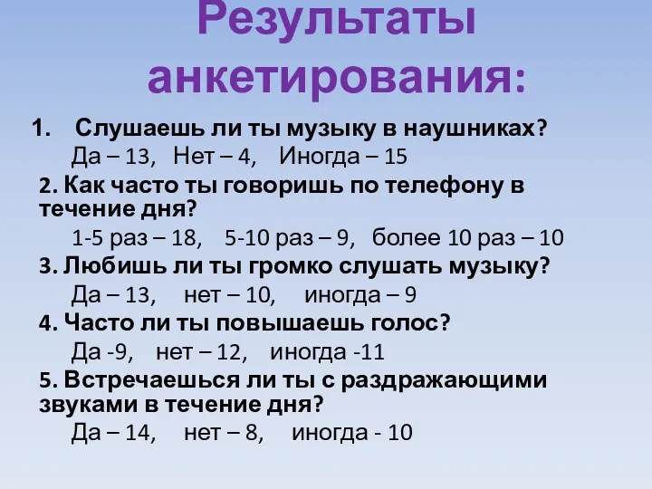 Результаты анкетирования: Слушаешь ли ты музыку в наушниках? Да –