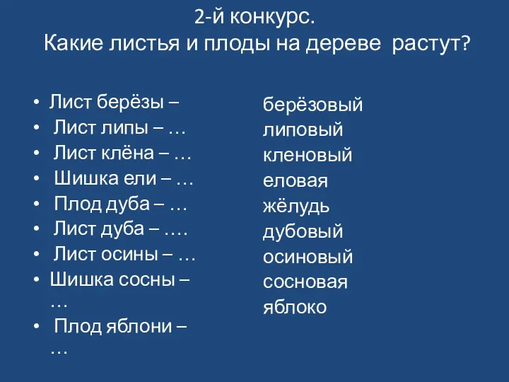 2-й конкурс. Какие листья и плоды на дереве растут? Лист берёзы – Лист