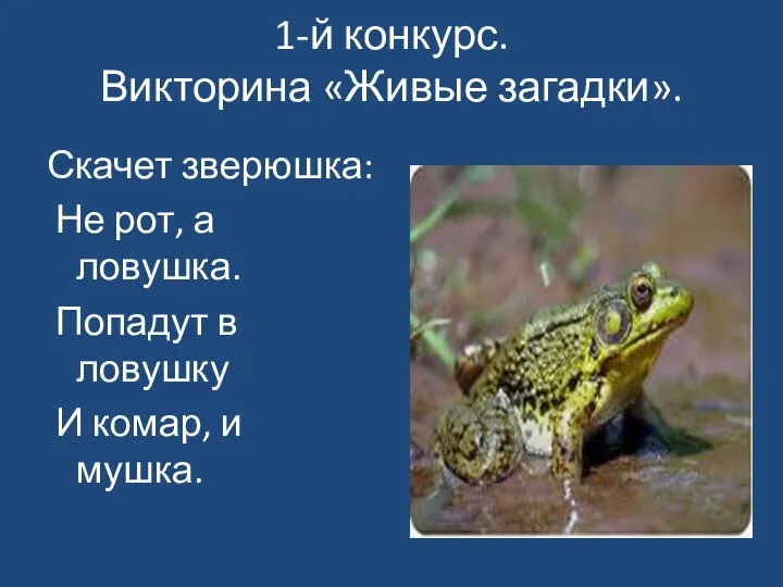 1-й конкурс. Викторина «Живые загадки». Скачет зверюшка: Не рот, а ловушка. Попадут в