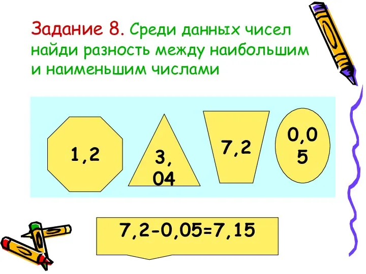 Задание 8. Среди данных чисел найди разность между наибольшим и