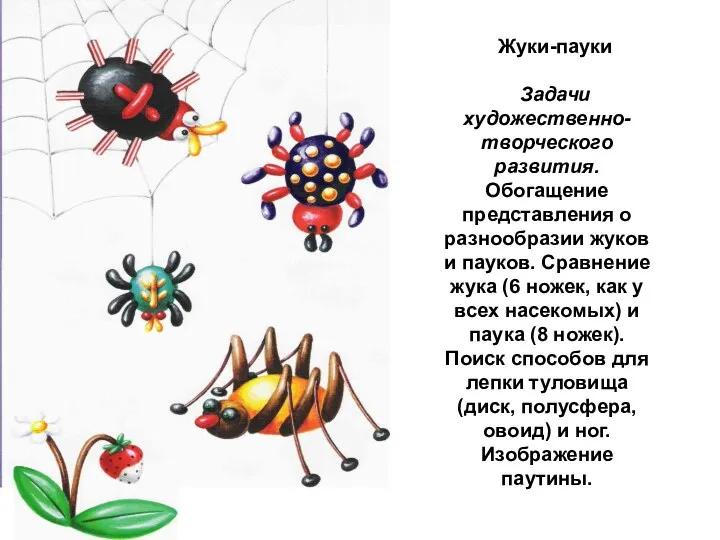 Жуки-пауки Задачи художественно-творческого развития. Обогащение представления о разнообразии жуков и пауков. Сравнение жука