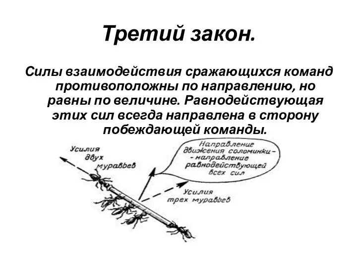 Третий закон. Силы взаимодействия сражающихся команд противоположны по направлению, но