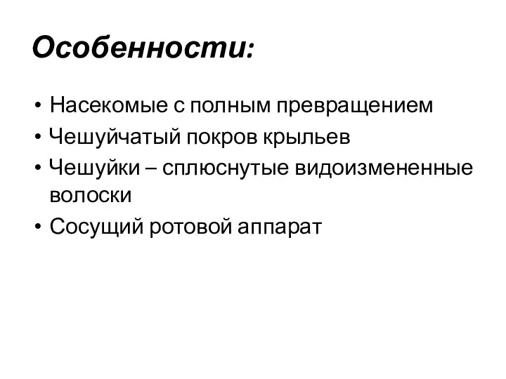 Особенности: Насекомые с полным превращением Чешуйчатый покров крыльев Чешуйки – сплюснутые видоизмененные волоски Сосущий ротовой аппарат