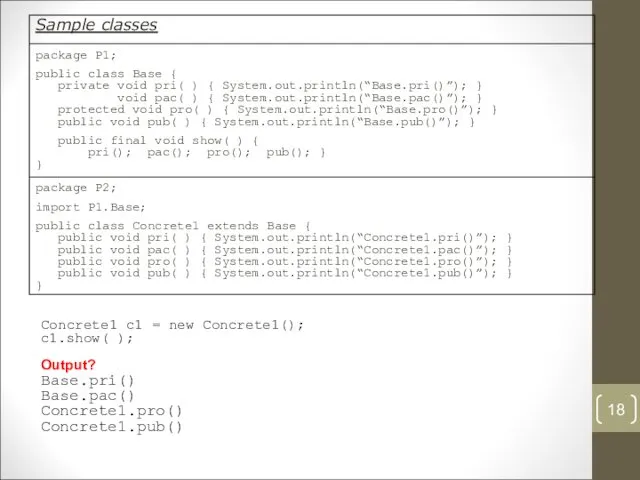 Concrete1 c1 = new Concrete1(); c1.show( ); Output? Base.pri() Base.pac()