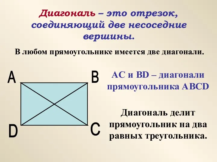 Диагональ – это отрезок, соединяющий две несоседние вершины. В любом