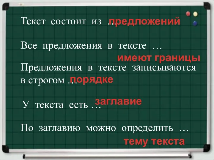 Текст состоит из … Все предложения в тексте … По заглавию можно определить